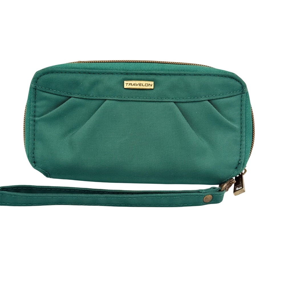 Travelon RFID Blocking Wristlet Wallet Womens Green Nylon Zip Around Clutch